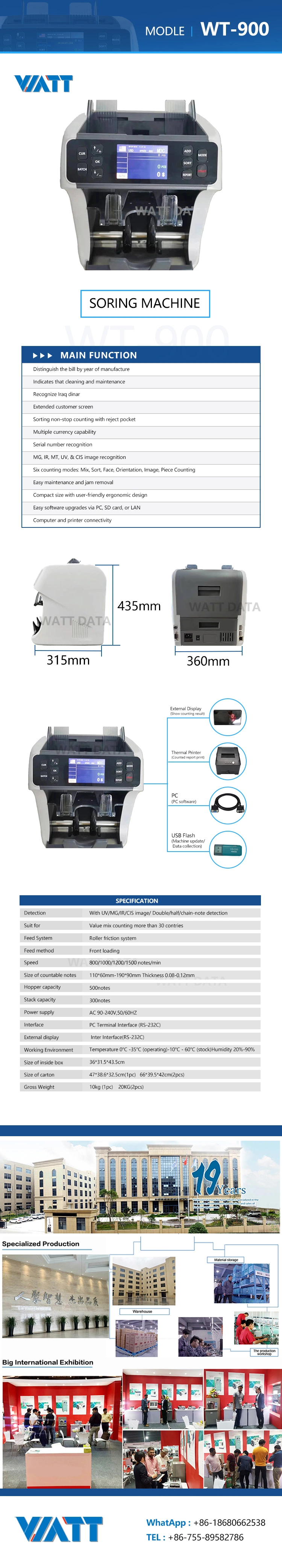 Professional 1+1 Pocket Value Bill Counting Machine Mixed Currency Money Counter and Sorter Wt-900